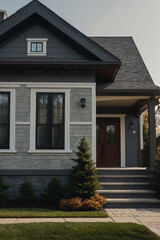 Gray-sided house with dark gray roof, white-framed windows and door.  Landscaped front yard with small evergreen trees and shrubs. Steps lead to the front entrance.