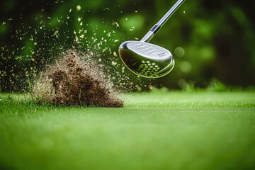 Dynamic golf swing with club hitting grass and soil on lush green course