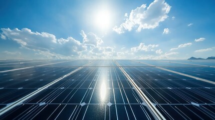 Vast solar panel array under bright sun and blue sky.