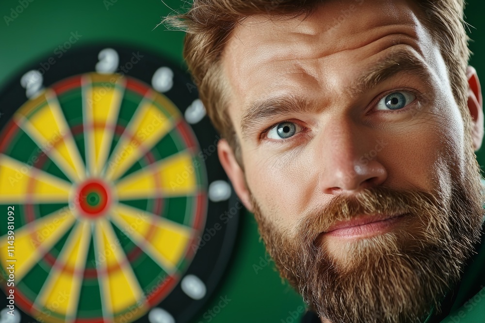 Poster close-up of a man focused on his dart game in a cozy indoor setting with a dartboard in the backgrou