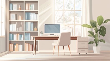 Sunlit home office with desk, chair, bookcase, and plant.