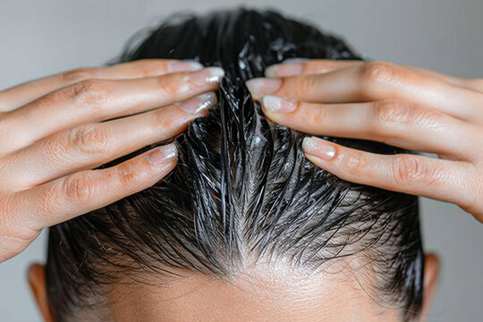 Close-up of hands massaging shampoo into wet hair, emphasizing a healthy haircare routine and cleanliness with a detailed focus on scalp and hands.
