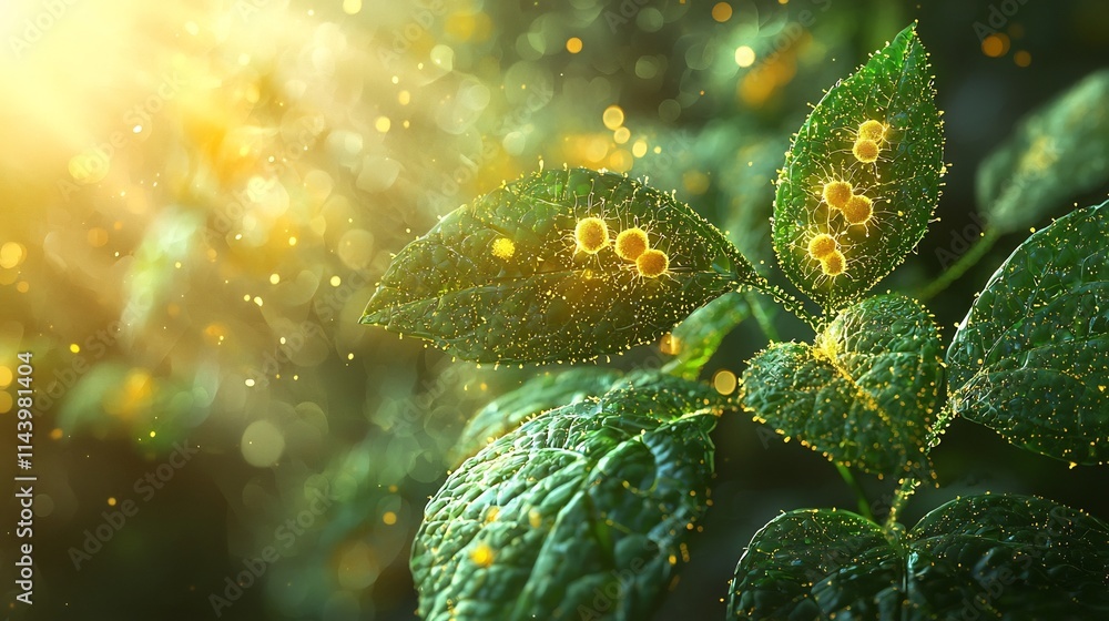 Poster a detailed and vivid close up view of the photosynthesis process in action with sunlight filtering t