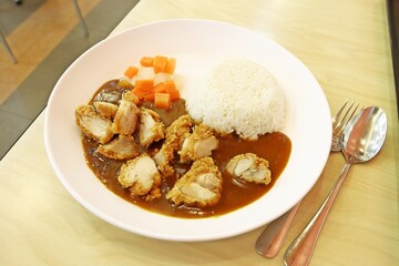 Chicken katsu and Japanese curry sauce with rice, angle view photo