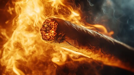 Burning cigar close-up, engulfed in flames and smoke. Illustrates destruction, danger, or the fleeting nature of pleasure.