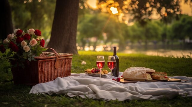 Romantic picnic setup with a cozy blanket bottles of wine cheese platter and red roses arranged under the shade of a lush scenic tree in a tranquil outdoor setting