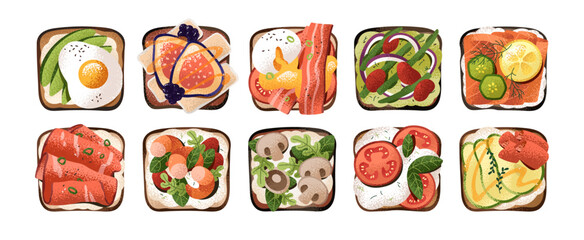 Set of different toast sandwiches top view. Bread with salmon, bacon, avocado, eggs, tomato, mushrooms, greenery. Healthy eating, breakfast food. Flat isolated vector illustrations on white background