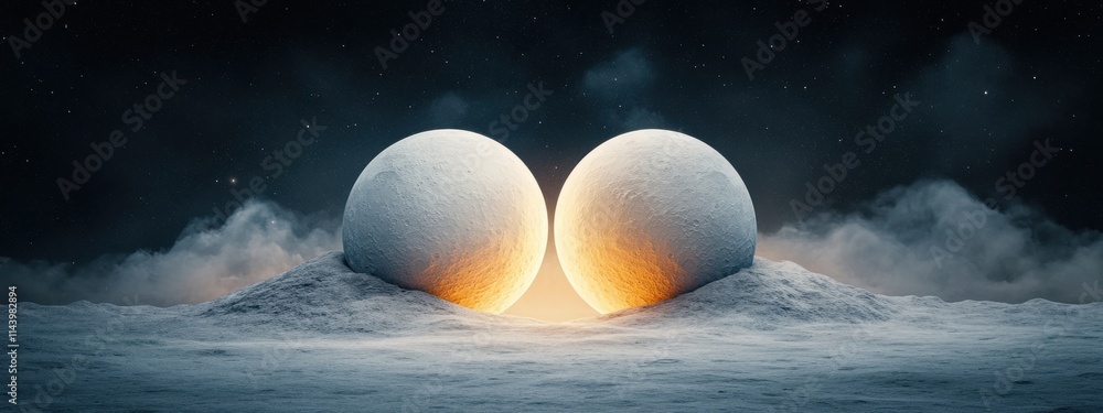 Poster surreal concept of two celestial bodies in a dreamlike landscape surrounded by clouds and stars, rep