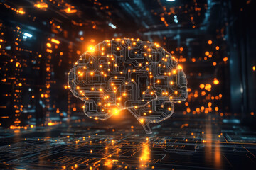 Futuristic digital brain with circuitry and glowing lights in a dark data center