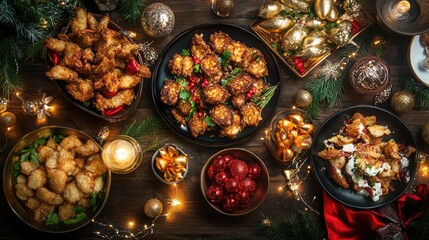 Festive Table Setting with Assorted Fried Dishes and Decorations