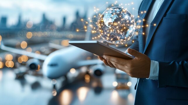 Multimodal Transport concept. A business professional holds a tablet displaying a glowing globe, with an airplane and city skyline in the background.