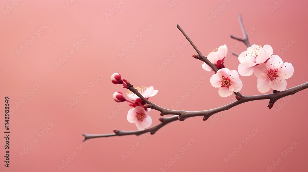 Poster exquisite single cherry blossom branch in full bloom set against a soft hazy pink backdrop creating 