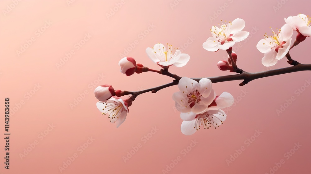 Poster exquisite single cherry blossom branch set against a blurred soft pink background creating a minimal