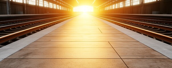 Obraz premium Multimodal Transport concept. A sunlit train station platform with tracks disappearing into the bright horizon, evoking a sense of journey and anticipation.