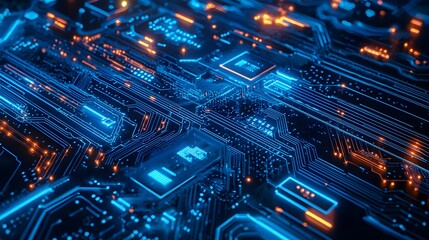 Obraz premium Blue circuit board with spots, a close-up view of a computer motherboard showcasing intricate electronic components and connections
