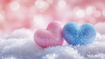 Obraz premium Two glittery hearts, one pink and one blue, sit together on a bed of fluffy snow, creating a whimsical expression of affection amidst a dreamy, blurred pastel backdrop.