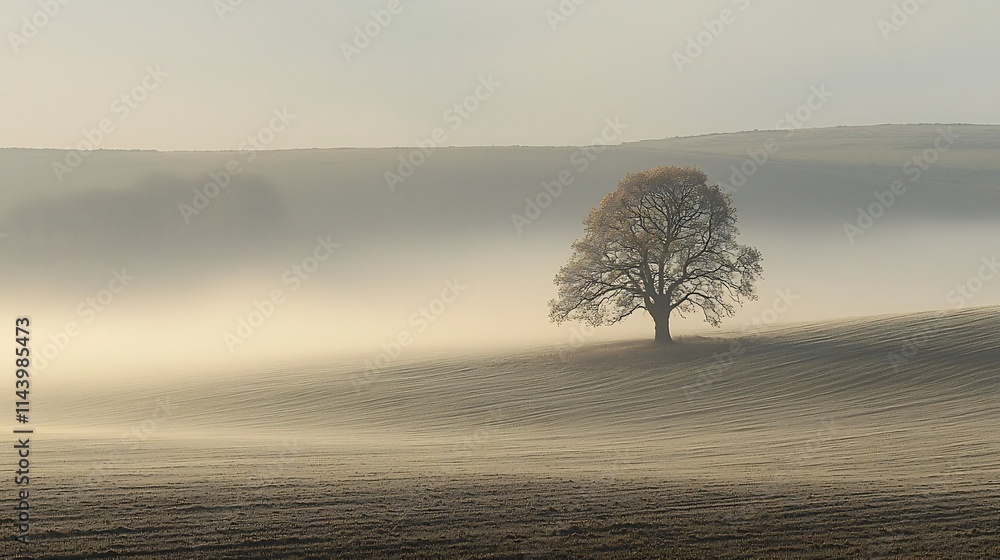 Poster a serene and tranquil minimalist landscape featuring a solitary tree in a dewy field with soft sunli