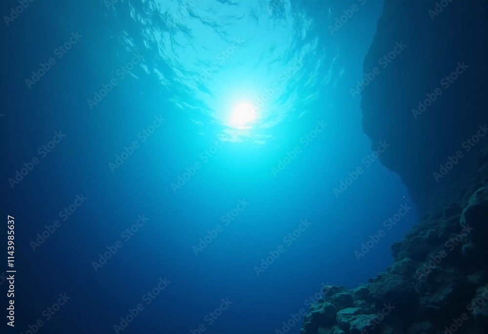 Poster light filters through the surface of the deep blue sea, creating a serene atmosphere with vibrant ra