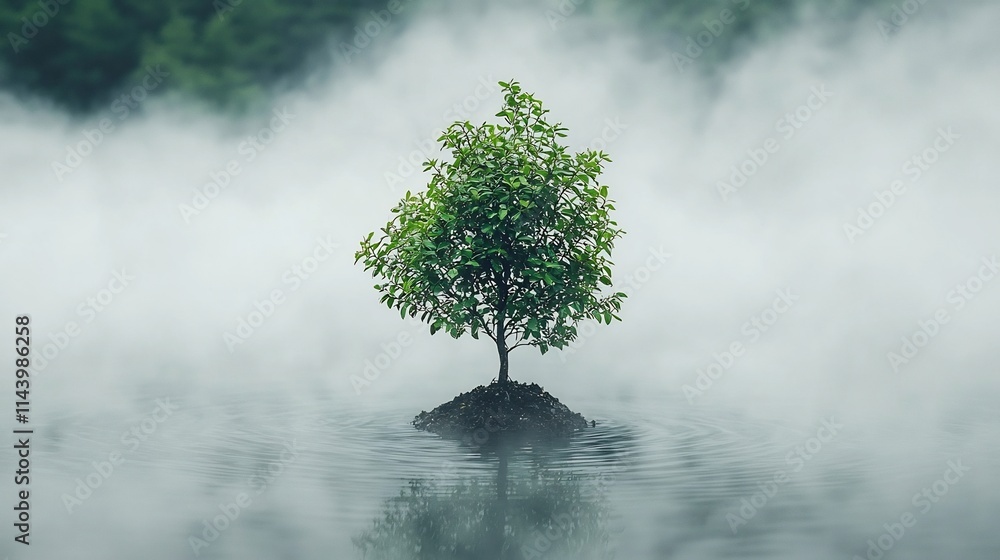 Poster a simple and serene minimalist image showcasing a single plant surrounded by a soft misty atmosphere