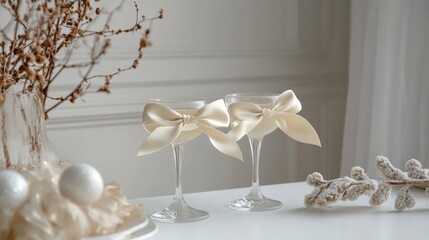 Two sophisticated champagne glasses with soft ivory bows sit elegantly on a white table, surrounded by tasteful decorations, embodying a festive spirit perfect for any celebration.