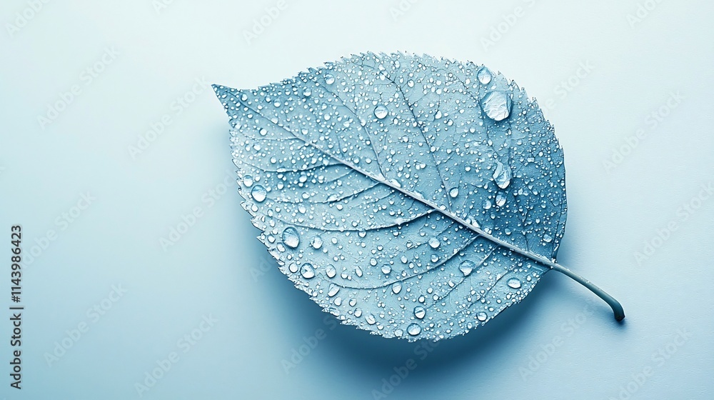 Poster a single dew covered leaf resting on a plain white surface with soft light showcasing the natural pr