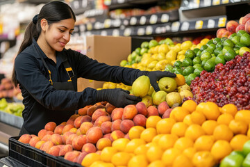 Young hispanic female organizing fresh fruits in grocery store produce section