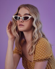Fototapeta premium A young blonde woman in a mustard polka dot dress and white cat-eye sunglasses poses against a purple background, blending a playful, fashion-forward, and subtly sensual vibe with soft lighting
