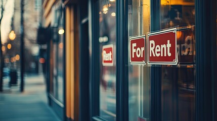 "For Rent" signs displayed in a storefront window on a city street.