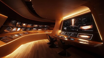 Futuristic control room with curved walls, multiple monitors displaying data, and warm lighting.