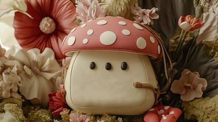 Whimsical Mushroom Bag Surrounded by Blooming Flowers