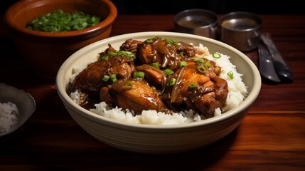 Delicious homemade Filipino adobo chicken stew simmered in a flavorful blend of soy sauce vinegar and garlic served with a side of fragrant steamed rice on a rustic table setting