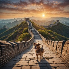 A dog walking along the Great Wall of China at sunrise.