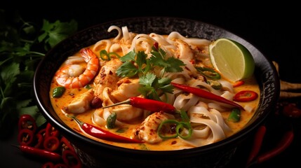 Mouthwatering Malaysian Laksa Noodle Soup Featuring a Creamy Coconut Milk Base Aromatic Spices and a Variety of Fresh Seafood Toppings
