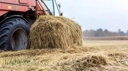 Fototapeta premium Agricultural Machine Bundling Hay on a Cloudy Day in a Field
