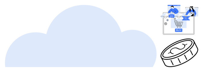 Cloud icon in center with online shopping cart, people, and laptop on the upper right and a digital coin on the bottom right. Ideal for technology, digital economy, e-commerce, finance, cloud