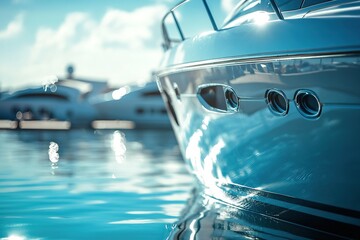 close-up of yacht polished hull surrounded by blue waters and bright sky