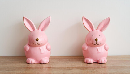 Obraz premium Pastel colored ceramic Easter bunny on wooden table. Holiday decoration.