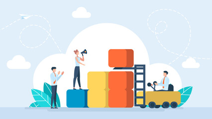People are building a business. Teamwork, promotion of business online, the takeoff rating of the work, ideas. Forklift truck and increasing graph. Infographic Template. Vector Illustration.