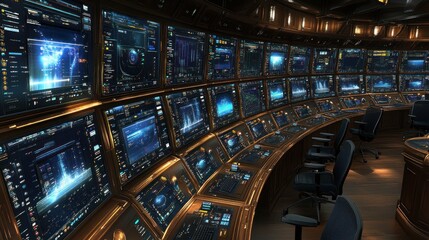 Futuristic control room with numerous monitors displaying data and graphs.