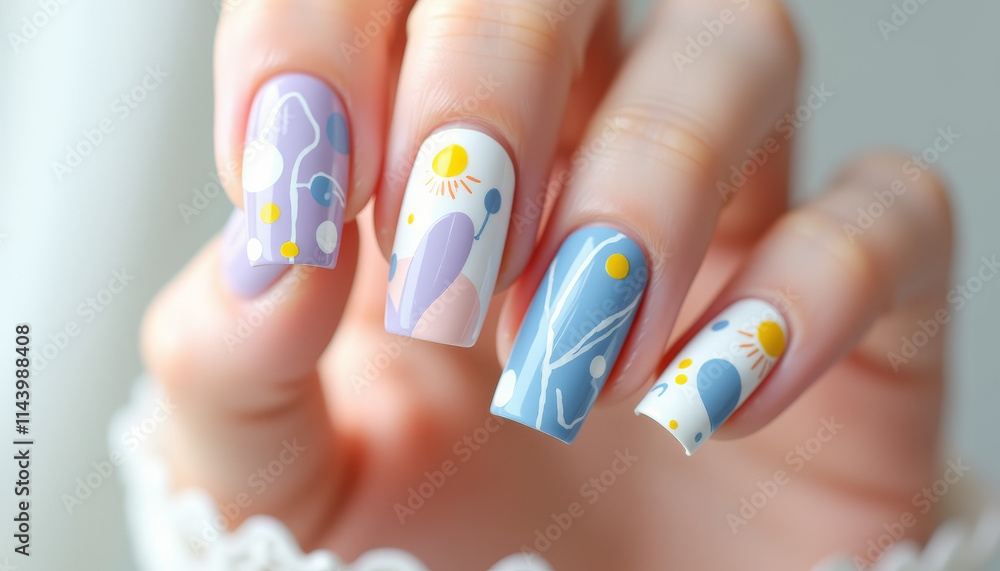 Poster close-up of colorful abstract spring design on nails with artistic patterns and vibrant colors