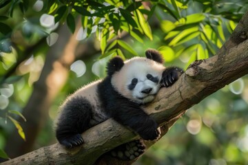 Obraz premium Sleeping Baby and Animal. Adorable Lazy Panda Bear Resting on a Bamboo Tree Branch in Bifengxia Nature Reserve, Sichuan Province, China