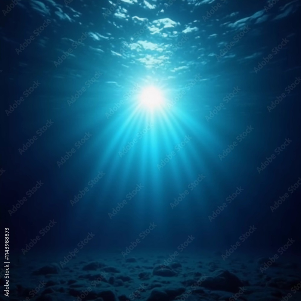 Poster light filters through the surface of the deep blue sea, creating a serene atmosphere with vibrant ra