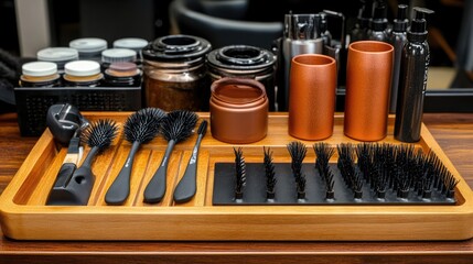 Fototapeta premium Hair Styling Tools and Accessories on a Wooden Tray in Salon