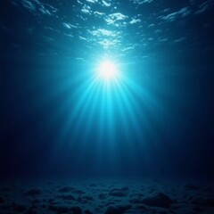 Light filters through the surface of the deep blue sea, creating a serene atmosphere with vibrant rays reaching down into the water's depths during the day. Generative AI