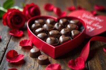 Valentines day, heart shaped chocolate on wooden background. Soft focus, top view