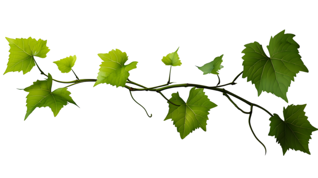 Fresh Green grape vine branch leaves. Greenery. Vine branch, on transparent, png.Fresh grape vine branches with leaves.