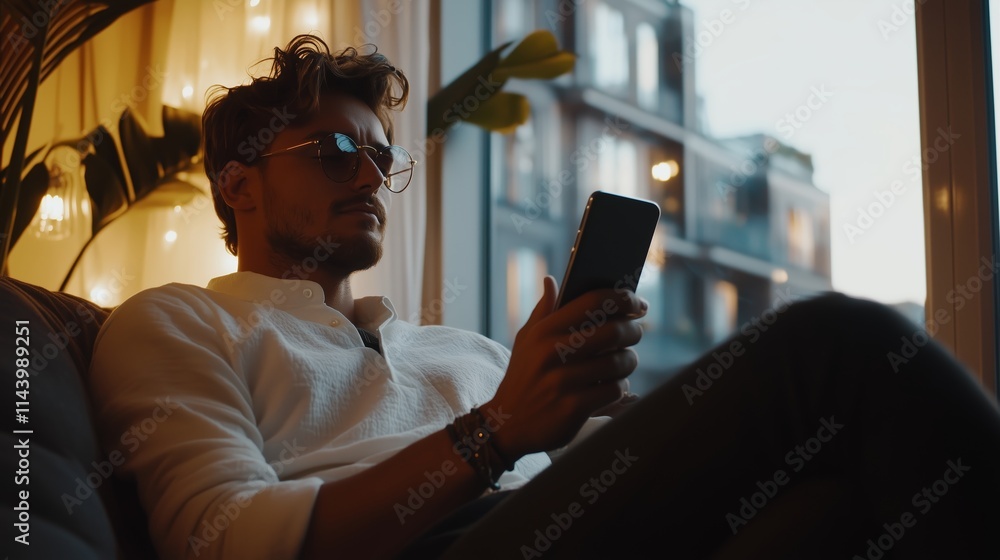 Poster man relaxing indoors with smartphone while sitting by a window during twilight