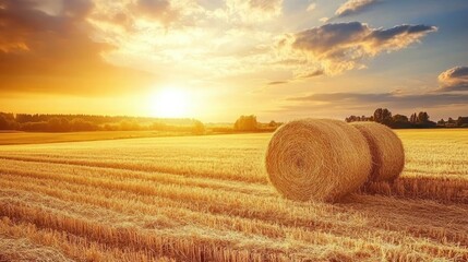 Golden Harvest Landscape with Hay Bales Under Serene Sunset Sky