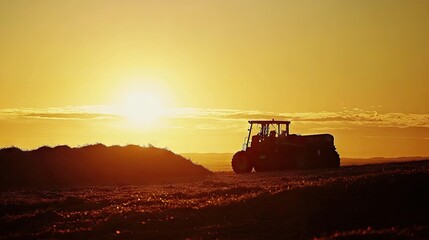 Fototapeta premium Farm Tractor Silhouette Against Golden Sunset on Agricultural Field