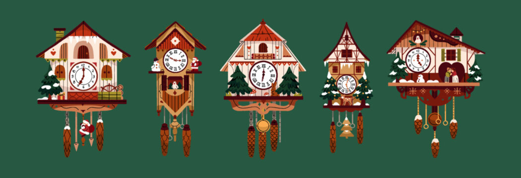 Christmas cuckoo clocks set. Old wooden wall watches with bird for winter holidays. Cute Xmas decoration with shape of house, figures of Santa Claus, hanging cones. Flat isolated vector illustrations